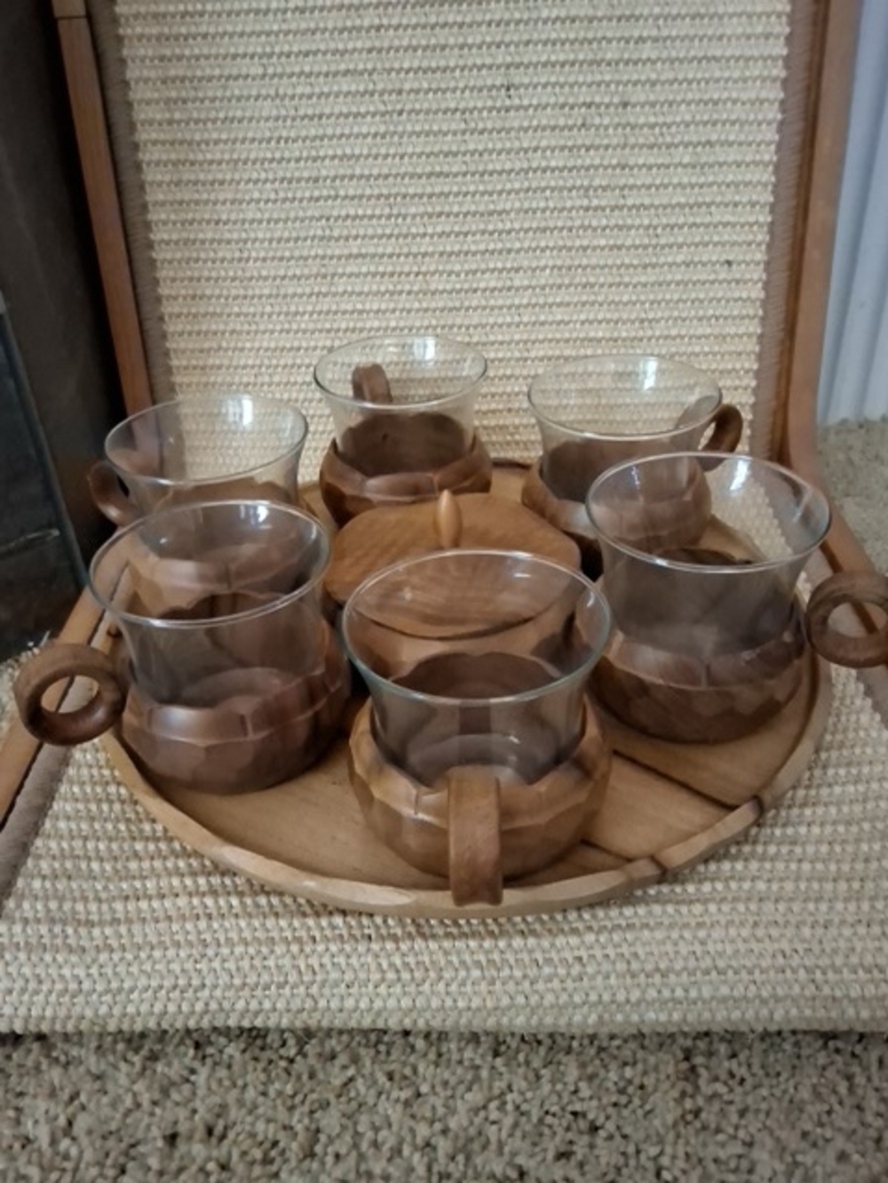 1960's Schott & Gen Mainz W/Jena Glass/Teak 6 Coffee Cups, Sugar & Teak Tray